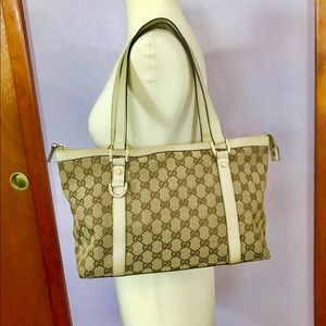 GUCCI GG Canvas Beige Leather Tote